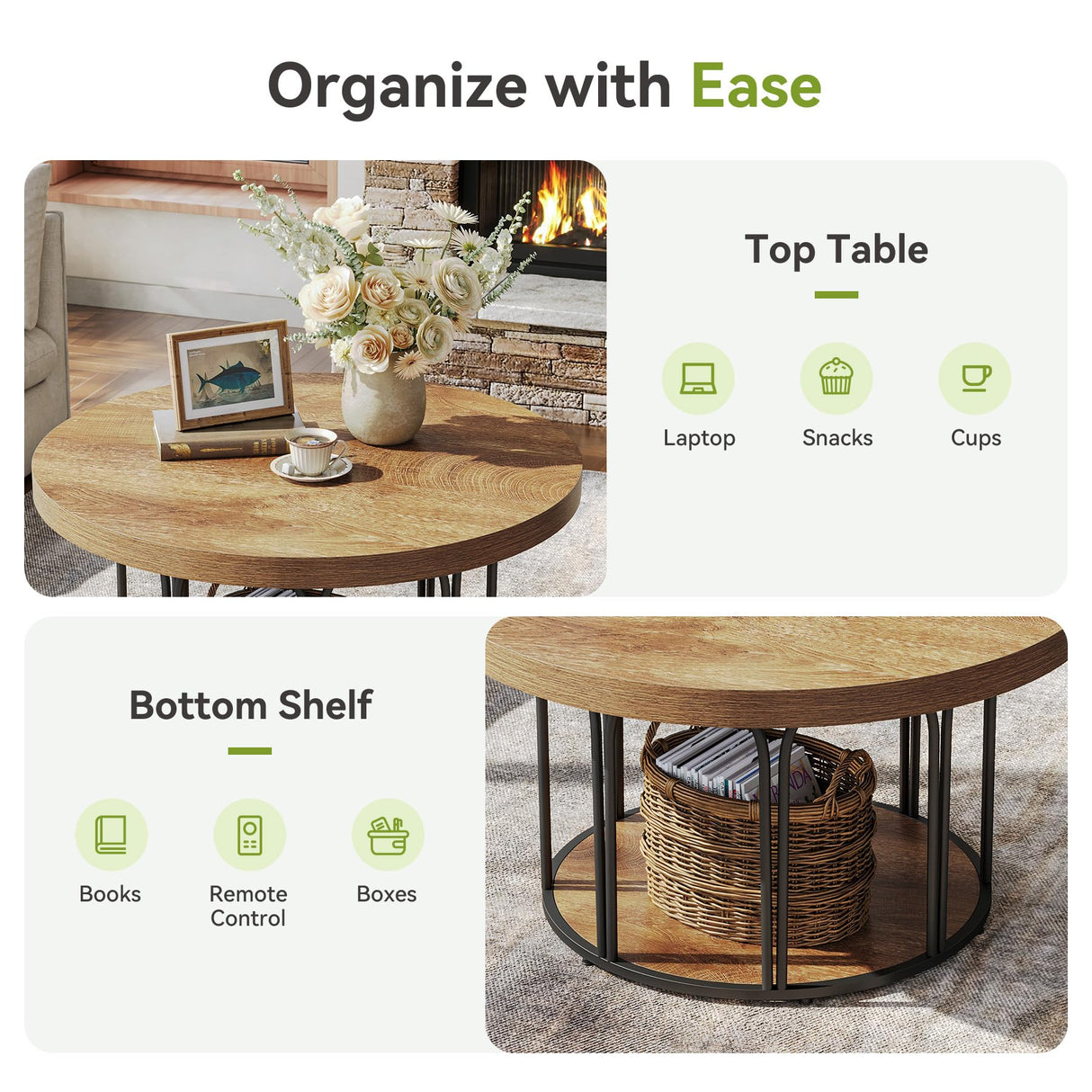 LITTLE TREE Round Coffee Table 31.5'', Modern Coffee Table with 2-Tier Storage, Farmhouse Center Table, Easy Assembly for Living Room, Rustic Brown LITTLE TREE
