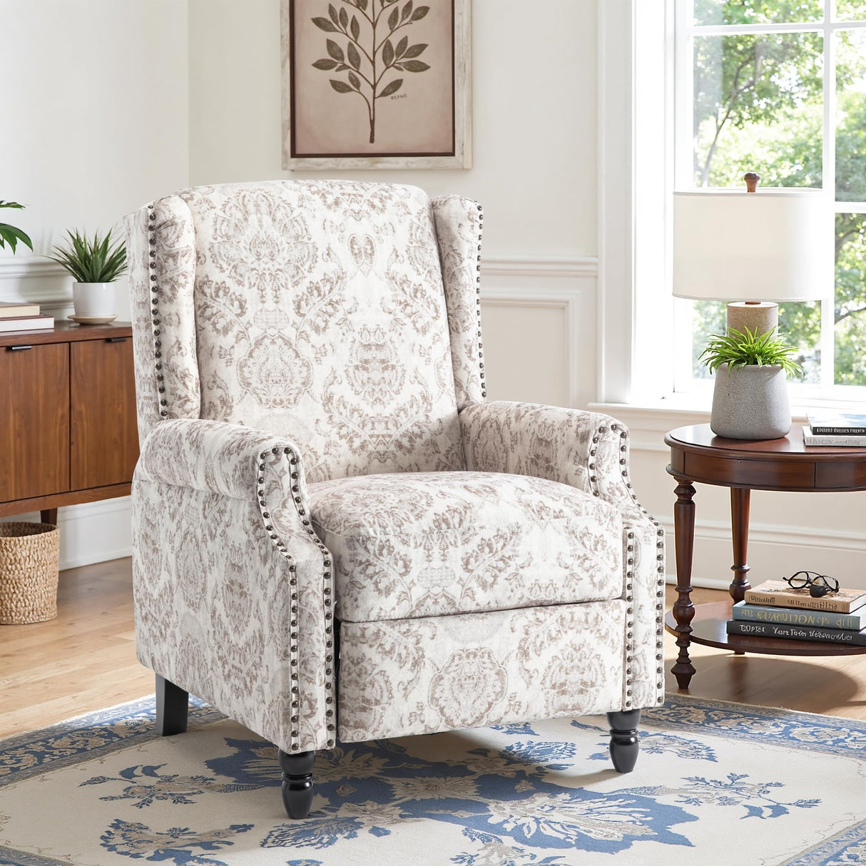 Recliner Chair, Upholstered Wingback Floral Pushback Armchair with Adjustable Backrest & Footrest, Comfy Accent Chair Reading Single Sofa for Small Spaces, Living Room, Bedroom (Beige, Set of 1) DREAMSIDEA