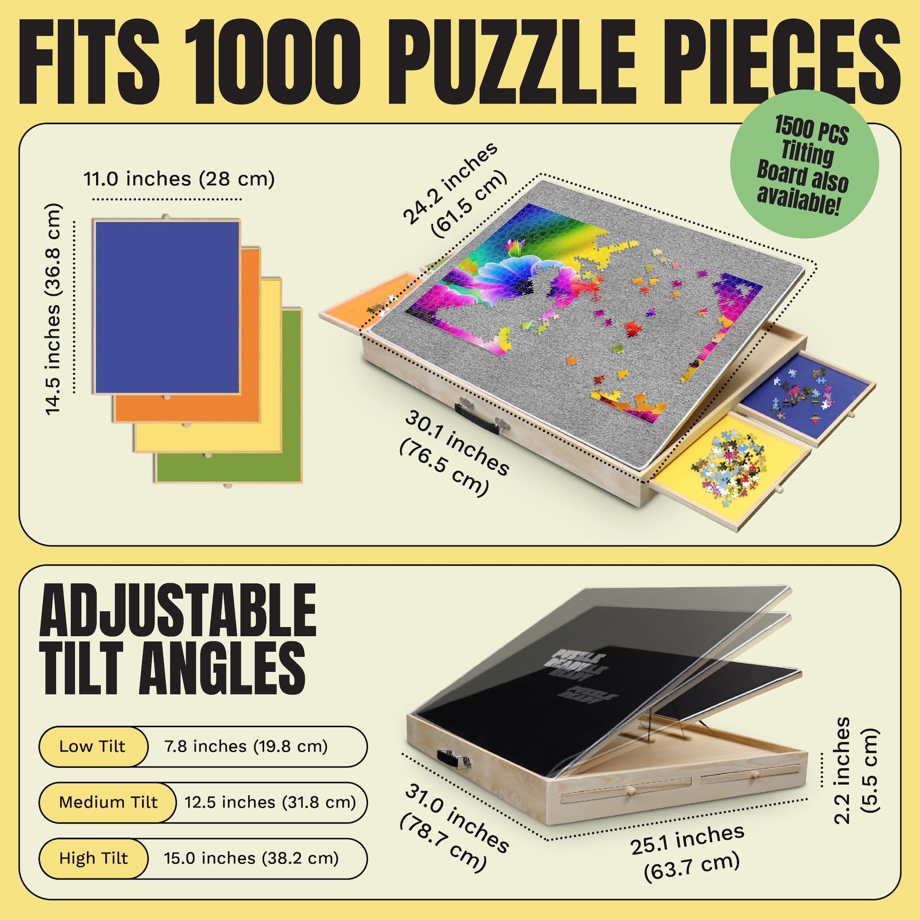 Puzzle Board Tilting with Drawers & Cover Mat - 1000 Pieces Wooden Jigsaw Puzzle Table - 24”x30” Portable Puzzle Board - 3 Tilting Angles & Felt Working Surface - Puzzle Ready - WoodArtSupply