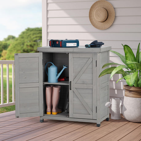 Outdoor Potting Bench with Storage Cabinet and Metal Top, Wood Workstation for Outdoor Patio, Garden Wood-Natrl