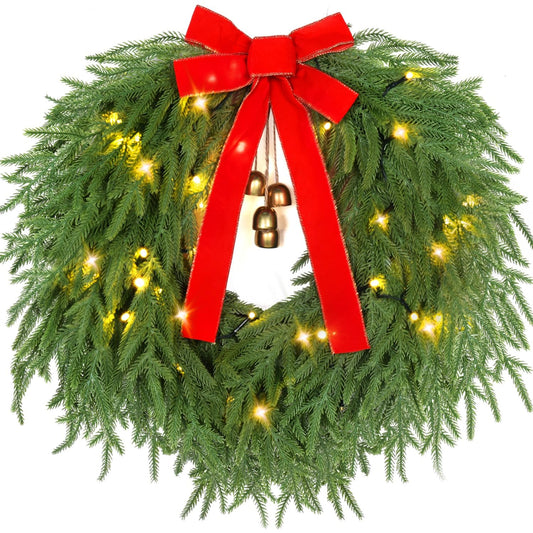 YoleShy 22" Christmas Wreath Real Touch Norfolk Pine Wreath with Bell & Bow Christmas Wreaths for Front Door Battery Operated with Timer for Window, Fireplace, Wall, Door Decor (Norfolk Pine Wreath)