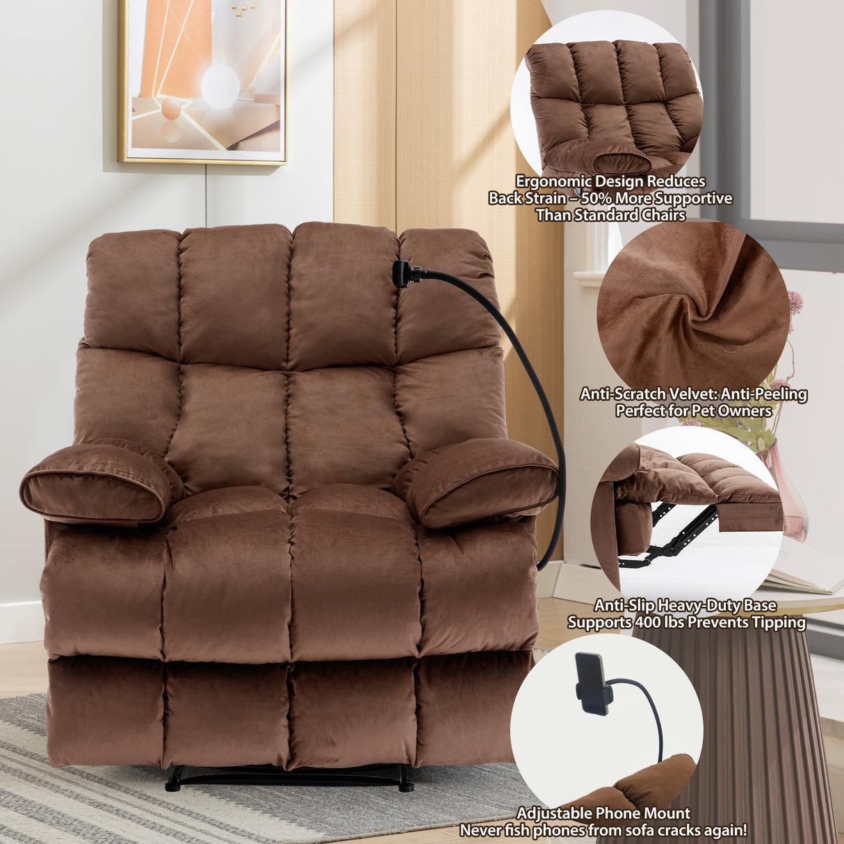 GNMLP2020 Oversized Recliner Chair, Big Mans Recliner Chairs for Adults 400LBS, Extra Wide Recliners for Tall Man, Large Recliner Chair for Living Room, Brown GNMLP2020