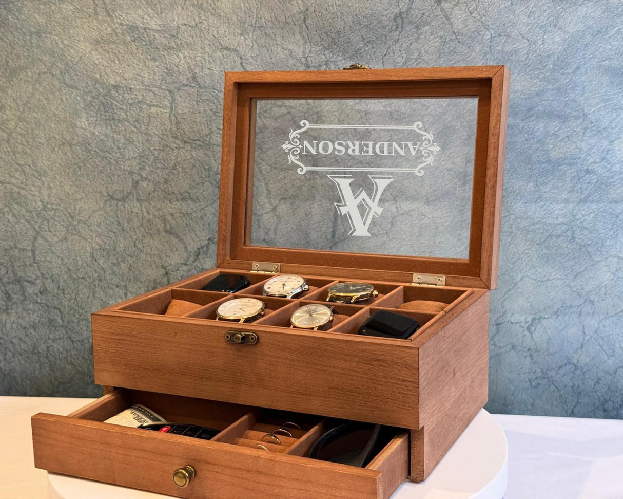 Personalized Watch Storage Box with Drawer, 8 Slots, 2 Layers, Wood - Groomsmen Gifts - Custom Gift for Him, Dad, Husband - Gift for Men to keep sunglasses, key, rings (Watch Box) Generic