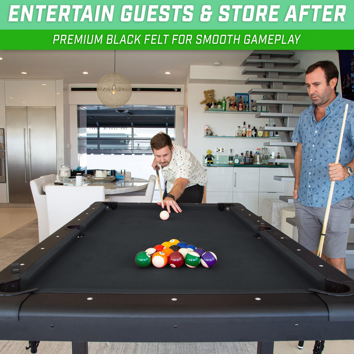 GoSports 7 ft Billiards Table - Portable Pool Table - Includes Full Set of Balls, 2 Cue Sticks, Chalk, and Felt Brush - BLACK GoSports