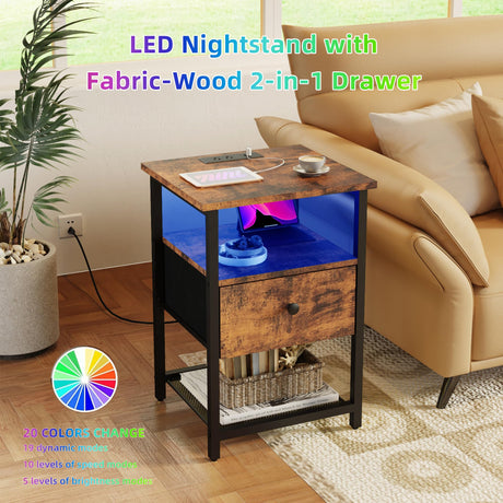 HDDDZSW LED Nightstands Set of 2 with Charging Station, Bedside Tables with USB Ports and Outlets, End Table with Fabric-Wood 2-in-1 Drawer for Small Spaces, Vintage Side Table for Bedroom,Living Room HDDDZSW