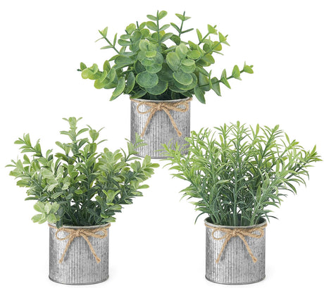 Mkono Mini Fake Plants in Farmhouse Galvanized Metal Pots 3 Pack Small Potted Artificial Plant Eucalyptus for Laundry Room Bathroom Shelf Table Decor Mkono