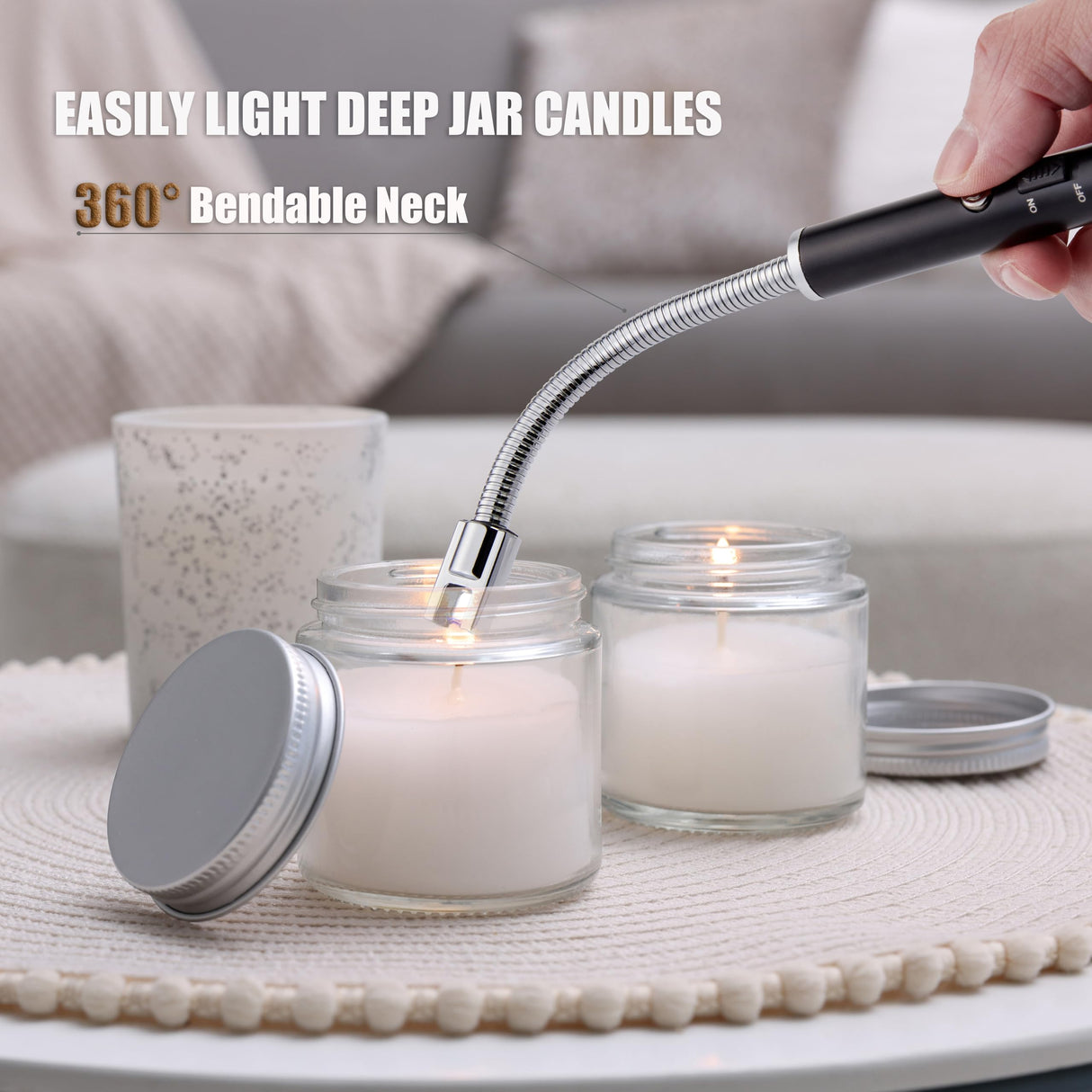 TOMOLO Electric Lighter Candle Lighter Rechargeable Grill Lighter Arc Lighter with Flexible Neck, Battery Display Safety Switch for Candle Camping Cooking BBQs Fireworks (Black&Silver) TOMOLO