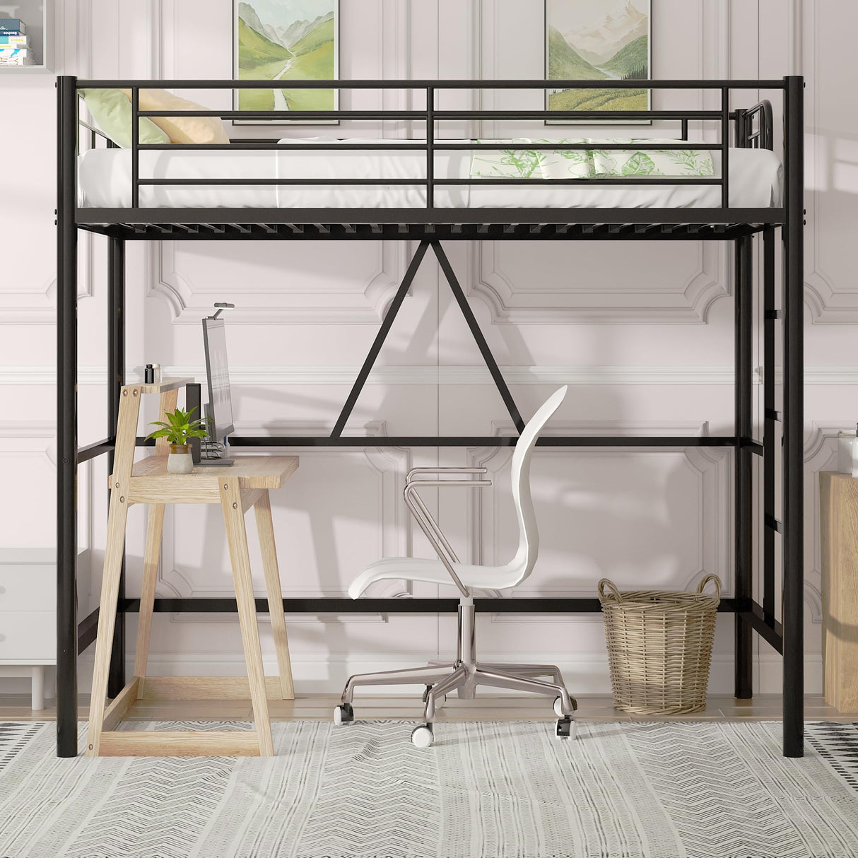 VECELO Metal Loft Bed Twin Size, Heavy Duty Bedframe with Removable Ladder and Safety Guardrail, Space-Saving, Noise Free, No Box Spring Needed, Matte Black VECELO