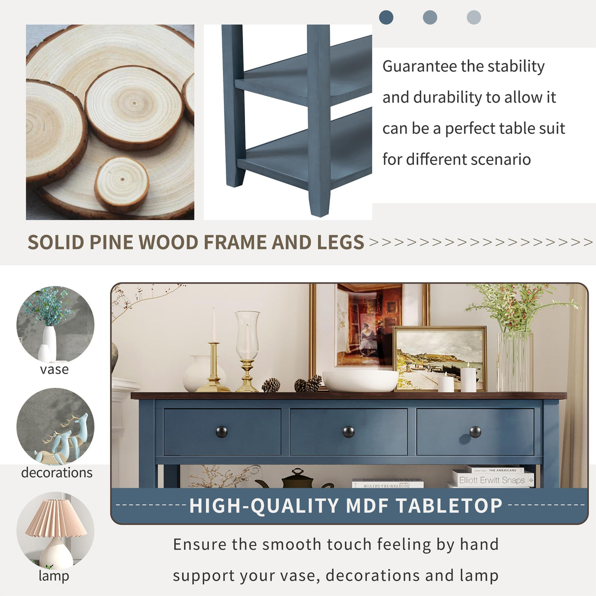 Merax Navy Retro Pine Wood Console Table with Drawers and Two Open Shelves for Entryway Hallway Living Room Bedroom, Type 11 Merax