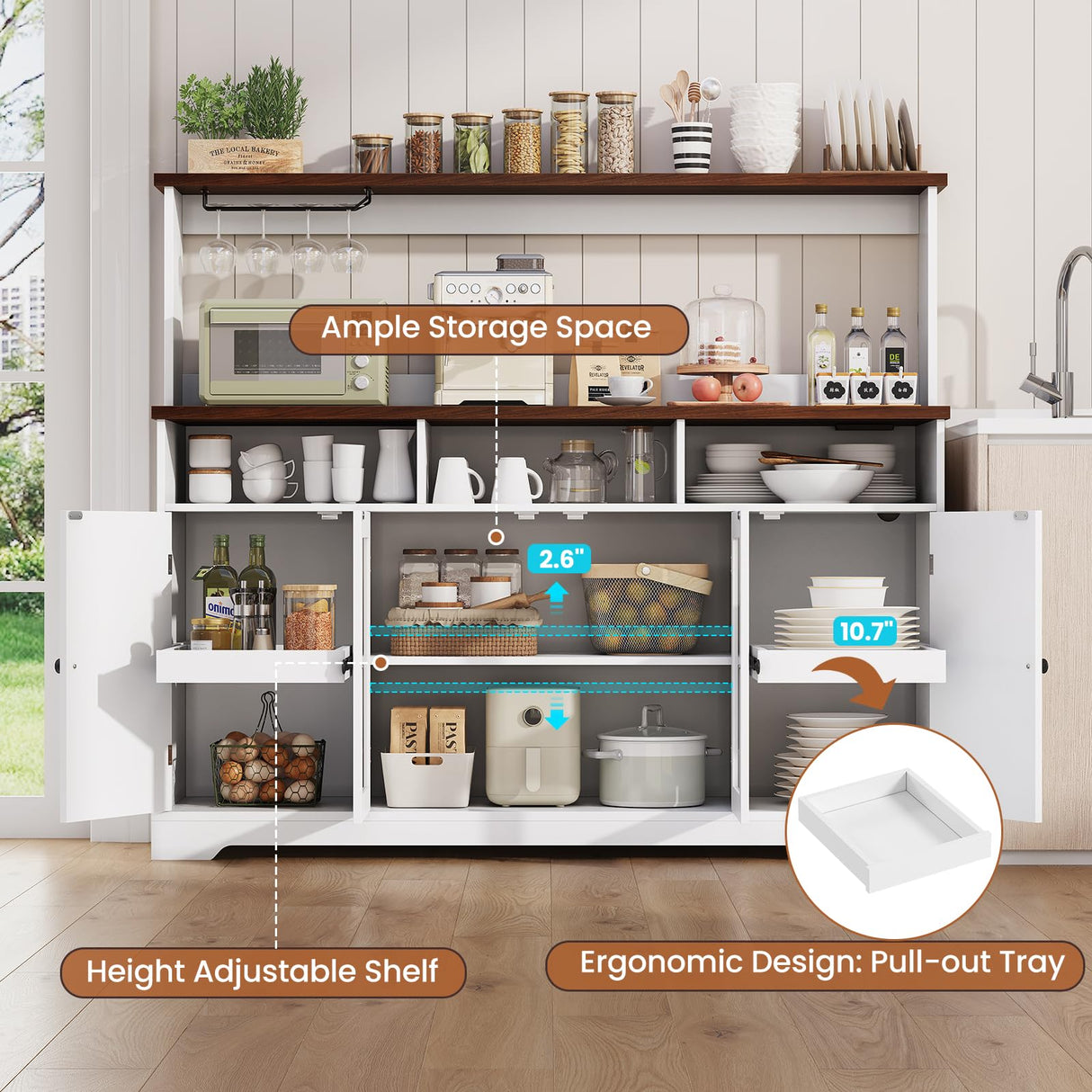 Hasuit Farmhouse Sideboard Buffet Cabinet with Goblet Holder & Power Outlet, Coffee Bar Storage with RGB LED Light and Adjustable Shelf for Kitchen Living Room (White) Hasuit