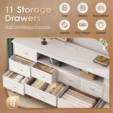 Huuger 63 Inch TV Stand for 65, 70 Inch TV, 11 Drawer Long Dresser with Power Outlets and LED Lights, Entertainment Center with Storage, White Dresser with PU Leather Surface Huuger