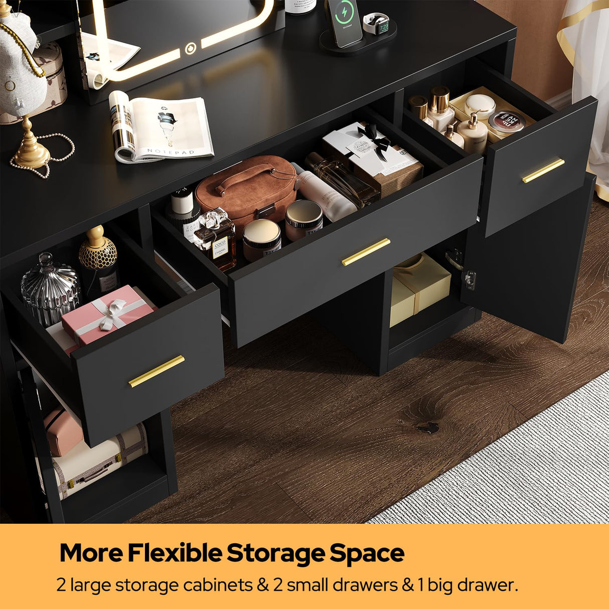 knoworld Vanity Desk with Sliding Mirror & LED Lights, Smart Makeup Table with Charging Station, Hairdryer Holder, 7 Shelves, 3 Drawers, 2 Cabinets, Vanity with Extra Hidden Stroage for Bedroom,Black knoworld