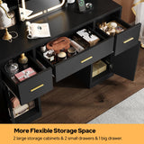 knoworld Vanity Desk with Sliding Mirror & LED Lights, Smart Makeup Table with Charging Station, Hairdryer Holder, 7 Shelves, 3 Drawers, 2 Cabinets, Vanity with Extra Hidden Stroage for Bedroom,Black knoworld
