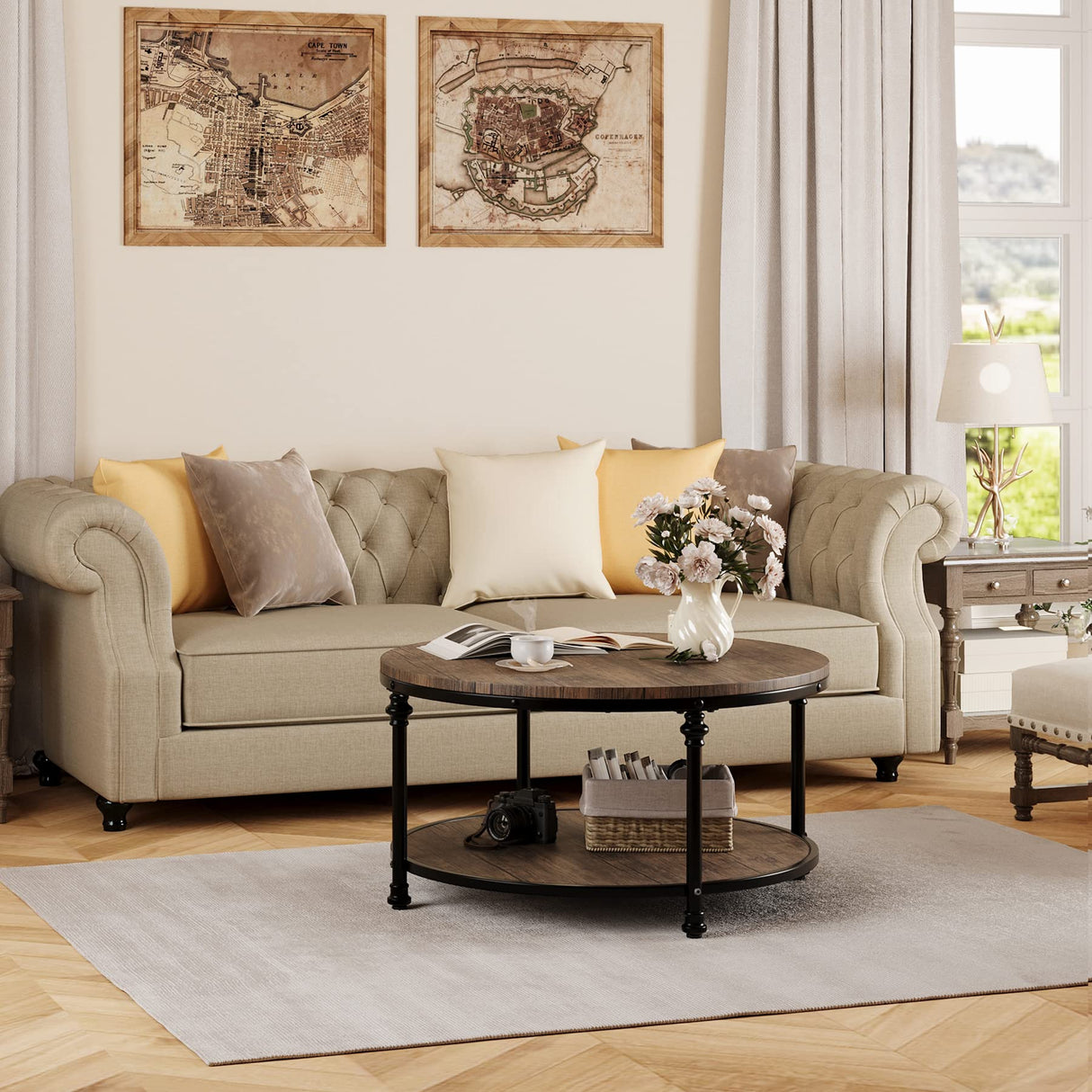 IDEALHOUSE Round Coffee Table for Living Room Rustic Center Table with Storage Shelf Wood Circle Coffee Table with Sturdy Metal Legs, Easy Assembly(Light Walnut) IDEALHOUSE