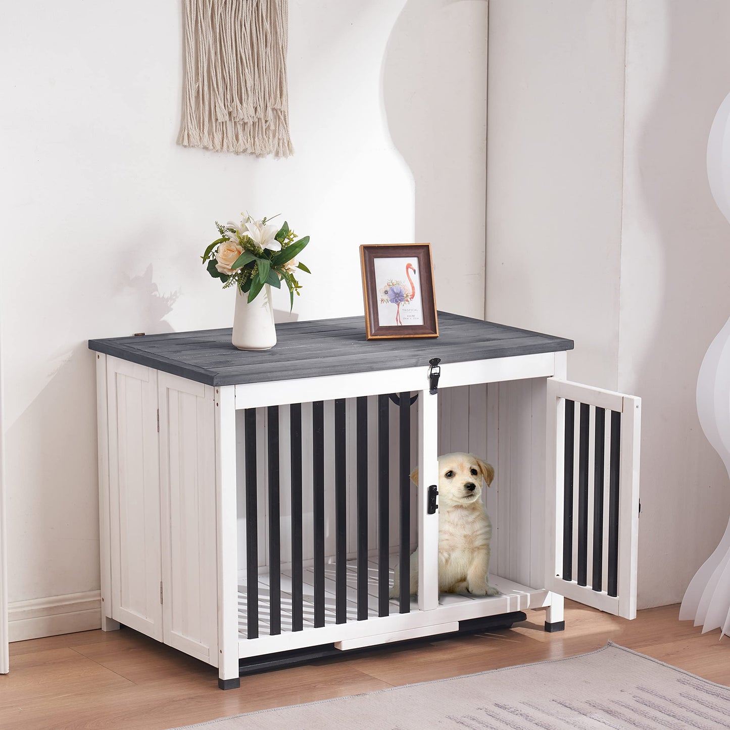 MCombo Wooden Dog Crate Furniture, Dog Kennel Pet House End Table, Solid Wood Portable Foldable Indoor Cage for Dogs, No Assembly Needed (Medium, White and Grey) - WoodArtSupply