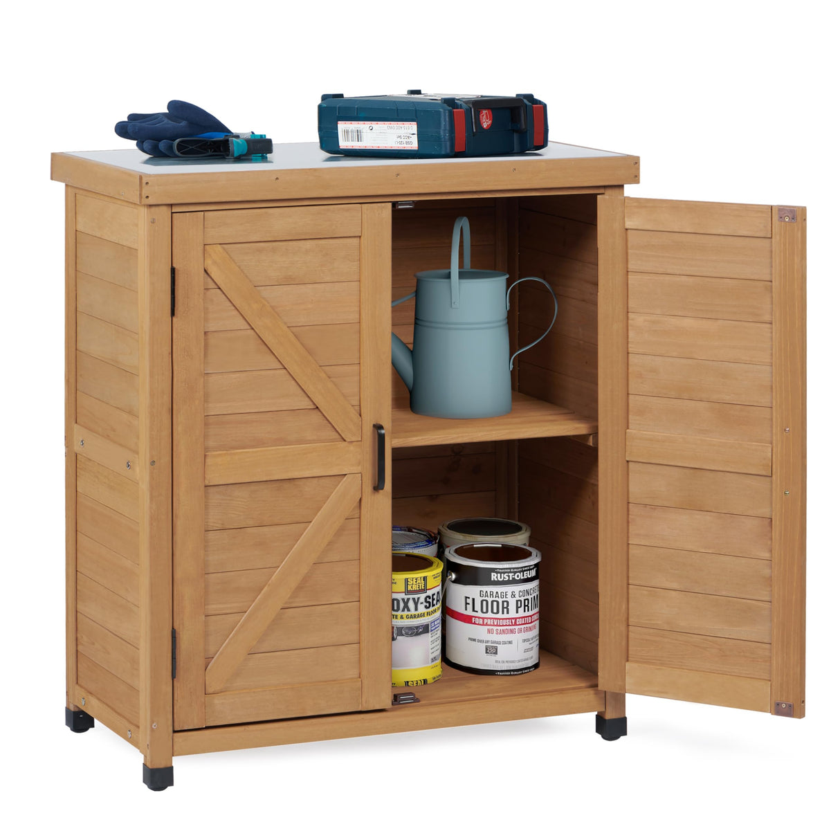 Outdoor Potting Bench with Storage Cabinet and Metal Top, Wood Workstation for Outdoor Patio, Garden (Light Brown, 31x17x36‘’) Wood-Natrl