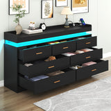 7 Drawer Dresser with LED Light and Charging Station, Modern Chest of Drawers for Closet, Wide Drawer Organizer Cabinet for Bedroom, Living Room, Entryway, Hallway, Black Hlivelood