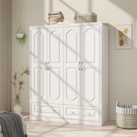 LABROSKIA White Armoire Wardrobe Closet with Drawers: 74" Large Wardrobe Closet with 4 Doors and 2 Drawers, Bedroom Armoires with Hanging Rod, Wooden Armoire Closets for Hanging Clothes (White, 59") LABROSKIA