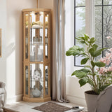 Eyisean 70" Lighted Glass Corner Curio Cabinet, Display Cabinet with Elegant Tempered Glass Door, China Cabinet with Light Bulb, Mirrored Back Panel, Rack for Living Room Storage (Light Oak) Eyisean