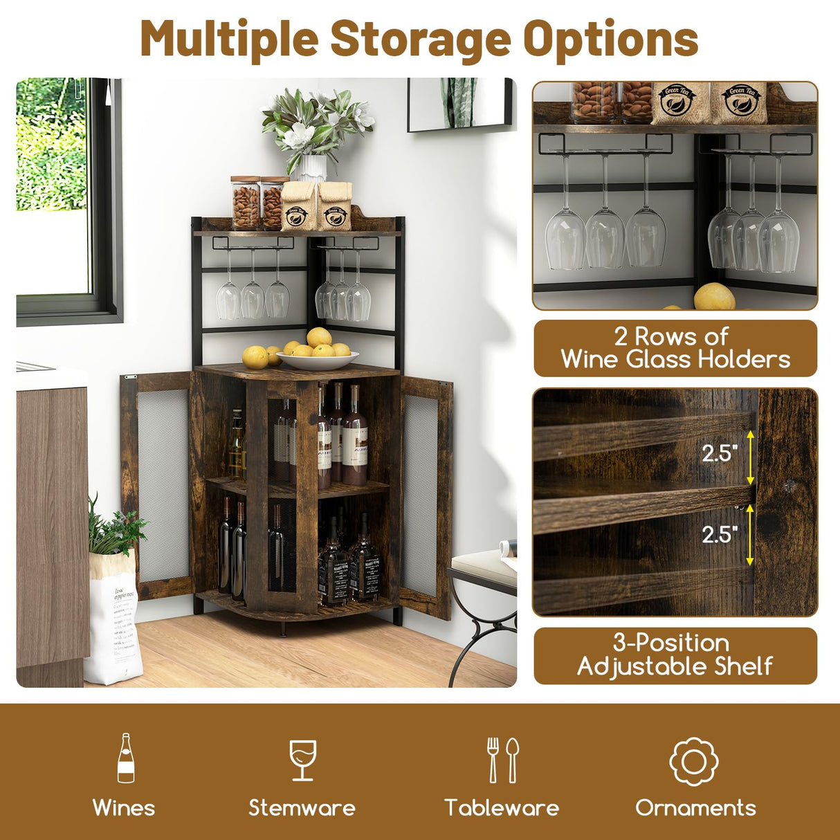 Giantex Corner Bar Cabinet with Glass Holder, Industrial Wine Cabinet with Metal Mesh Doors & Adjustable Shelf, Buffet Cabinet with Anti-tip Kit for Home Coffee Bar Bistro (Rustic Brown & Black) Giantex