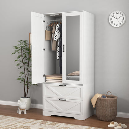 Armoire Wardrobe Closet, with 2 Rattan Doors, Freestanding Wooden Wardrobe Cabinet with 3 Storage Drawers and Hanging Rail, Wardrobe Armoire for Bedroom (White+Mirror)