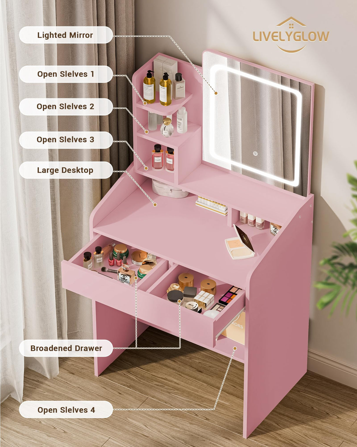 LIVELYGLOW Vanity Desk Set with Square Mirror and Light- Small Vanity Tale with Drawers- Pink LIVELYGLOW