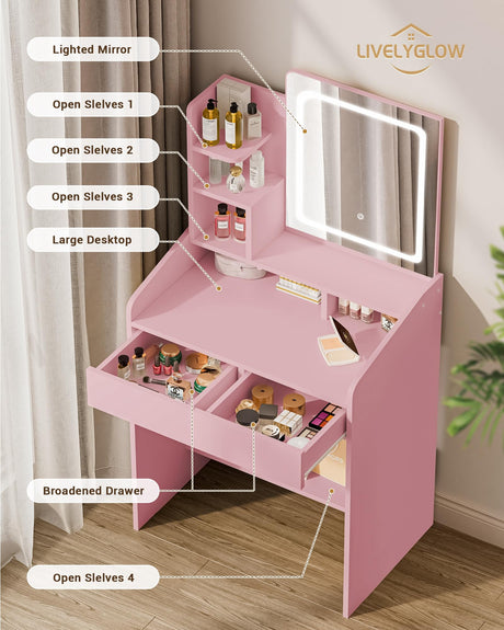 LIVELYGLOW Vanity Desk Set with Square Mirror and Light- Small Vanity Tale with Drawers- Pink LIVELYGLOW