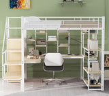 Merax Metal Full Size Loft Bed Frame with Built-in Desk & Storage Stair & Shelves & Wardrobe for Kids, No Box Spring Needed, White Merax