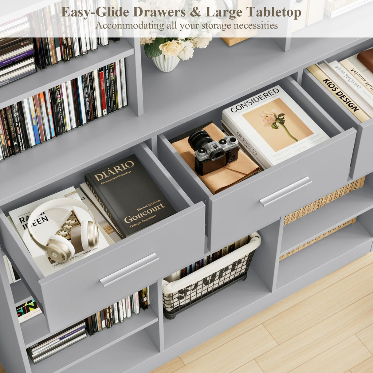 HOSTACK 75" Tall Book Shelf and Bookcase, 47" Wide Bookshelf with Drawers, Modern 9 Tier Bookcase with Storage, Large Wood Display Cabinet with Adjustable Shelves for Living Room, Home Office, Gray HOSTACK