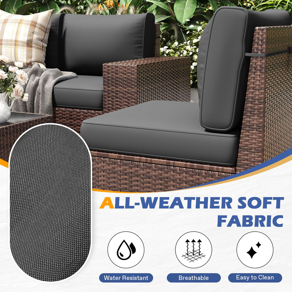 ELPOSUN 7 Pieces Outdoor Patio Furniture Set with 44" Fire Pit Table Brown Rattan Sectional Sofa Conversation Sets for Balcony Lawn and Garden (Gray, 7 pcs w/Fire Table) ELPOSUN