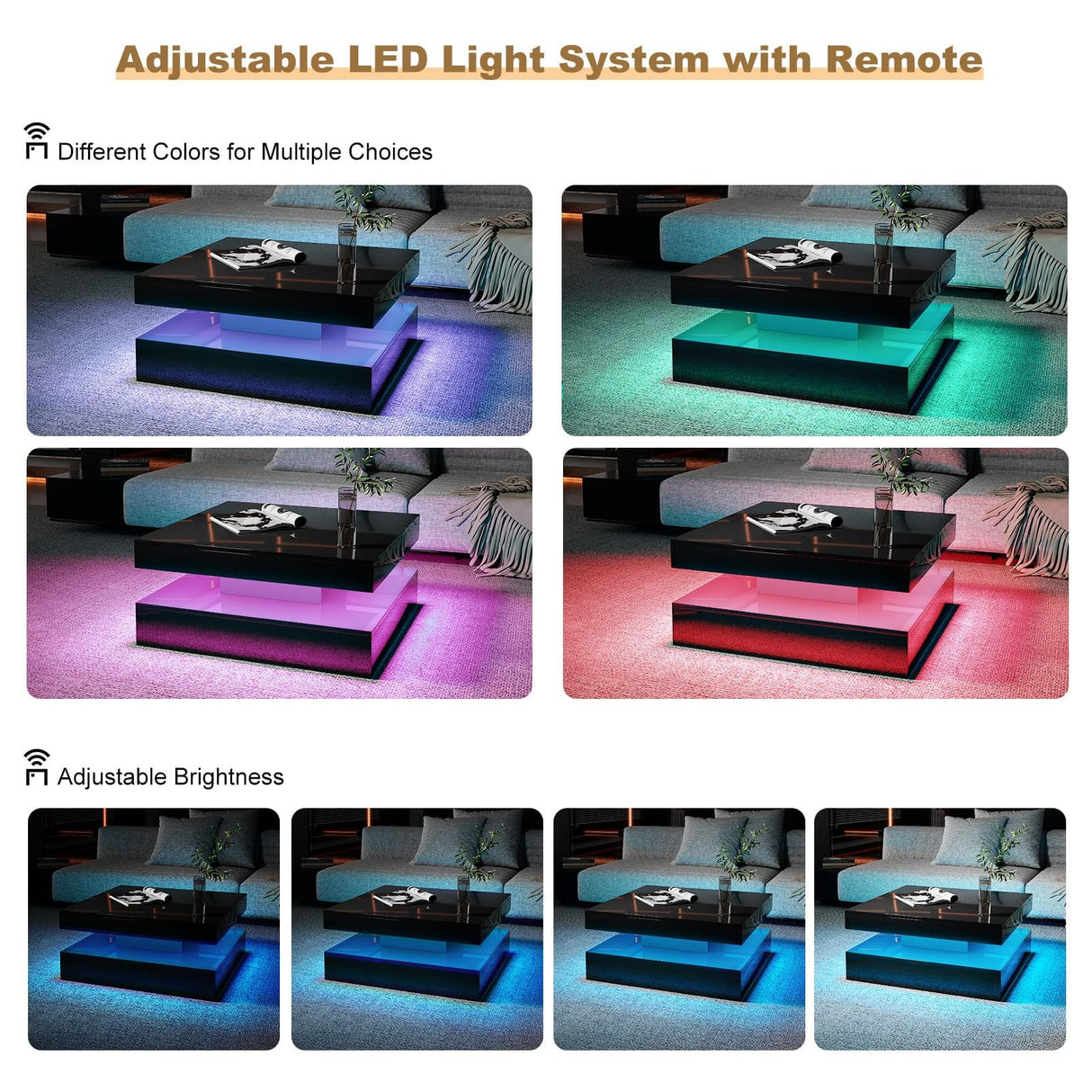 HedoAjim Black LED Coffee Table for Living Room, Living Room Table 2-Tier Square Center Tables, Wood Coffee Tables with Storage, Tea Table for Dining Reception Room HedoAjim