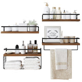 LUDORU Wood Floating Shelves Wall Mounted - 4+1 Tier Rustic Bathroom Wall Shelves Over Toilet with Wire Storage Basket and Towel Bar, Set of 4 Farmhouse Floating Shelf for Bathroom, Kitchen, Bedroom. LUDORU