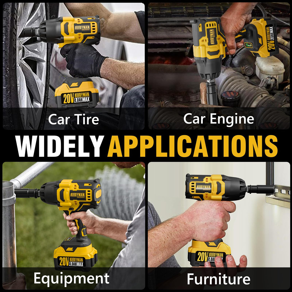 Alloyman 1/2 inch Impact Wrench Cordless, Max Torque 555 Ft-lbs Battery Impact Wrench 20V Brushless Motor 2000 RPM, with 6 Sockets, 3 Extension Bars, 4.0 AH Li-ion Battery and 1 Hour Fast Charge Alloyman