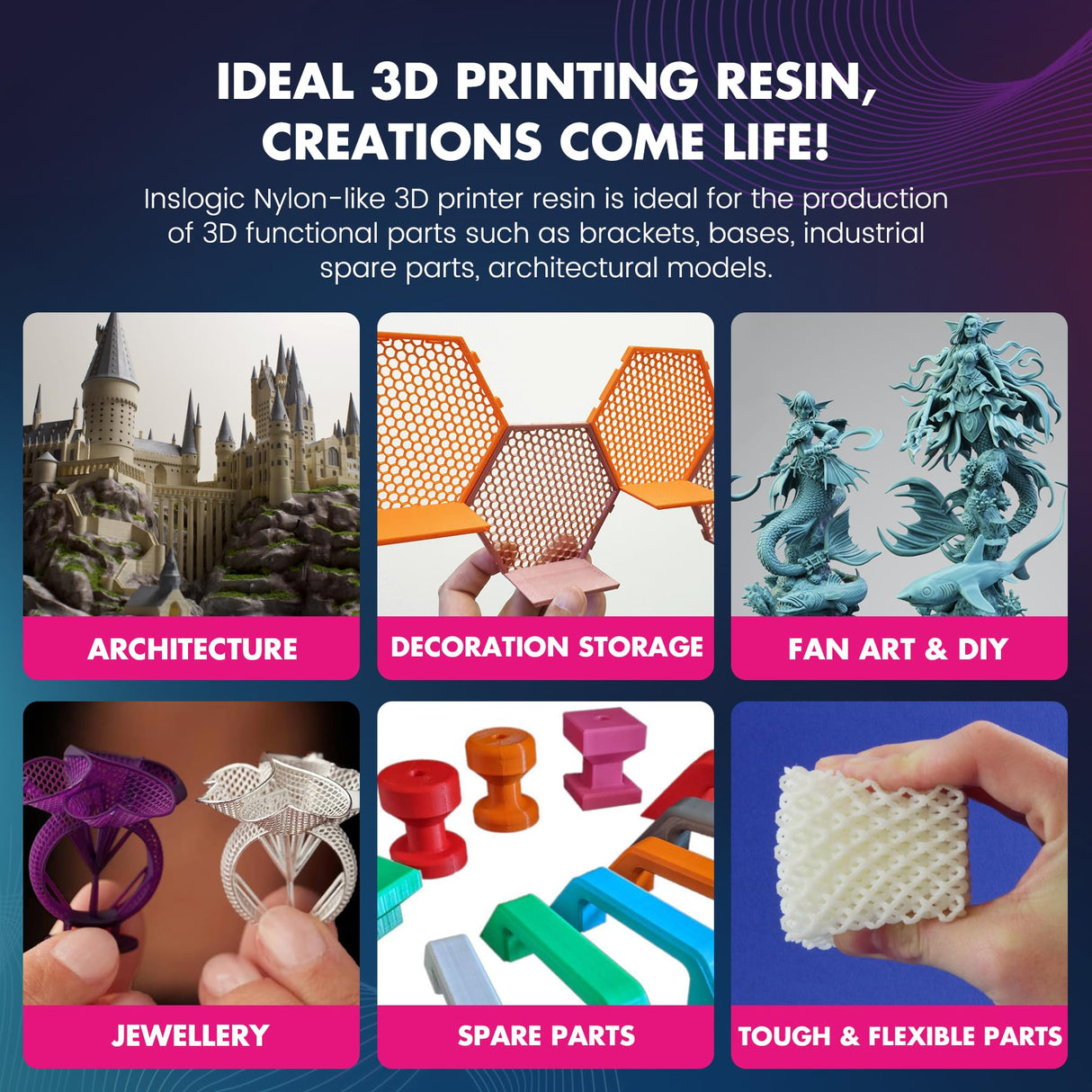 Inslogic Nylon 3D Printer Resin Bundle, 2 * 1KG Black Resin Strong Tough Durable 3D Resin, High Compatible for LCD 3D Printers, 395-405nm UV Light Curing 3D Printing Liquid Photopolymer Resin JAYO