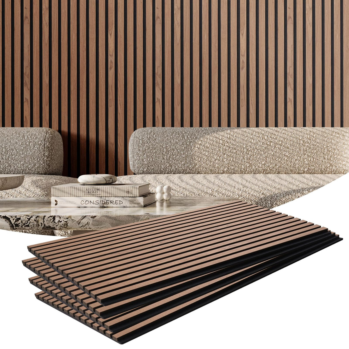VEVOR Wood Slat Acoustic Panels, 23.6 x 47.2 in, 4-Piece MDF Accent Wooden Wall Panels, Faux Wood Wall Board Panels for Modern Interior Decor and Noise Reduction, Walnut VEVOR