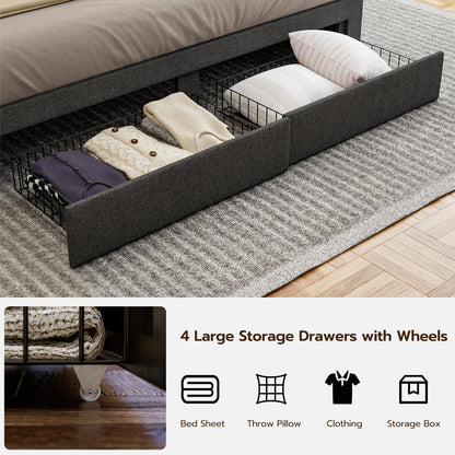 IKIFLY King Bed Frame with Storage Headboard and Charging Station, Upholstered Linen Button Tufted LED Platform Bed with 4 Drawers, Solid Wood Slats, Noise-Free, No Box Spring Needed - Dark Grey