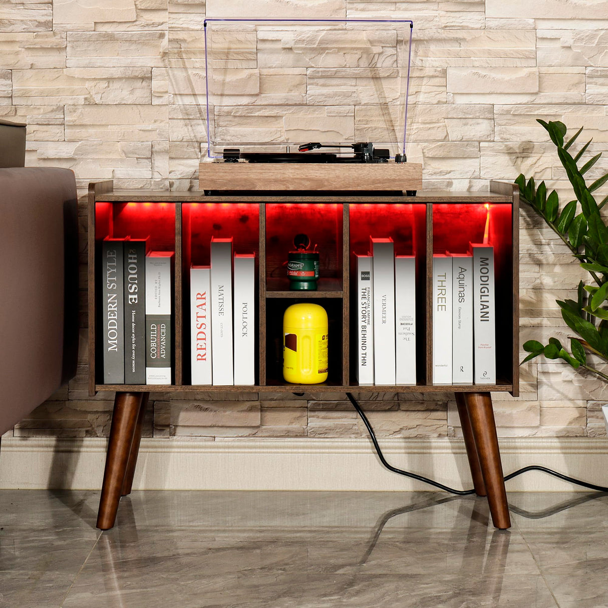 FUSUNBAO Record Player Stand with LED Light - Large Turntable Stand with Vinyl Record Storage, Record Player Table Up to 120 Albums, Record Stand with Outlet Bookself end-Table (Antique Brown) FUSUNBAO