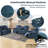 SIENWIEY Manual Recliner Sofa Set for Living Room, Reclining Couch Set with Cup Holders，3 Seats Sofa with Pull Down Coffee Table/2 Seats Loveseat with Storage Console/Single Chair（Blue Linen，3+2+1） SIENWIEY