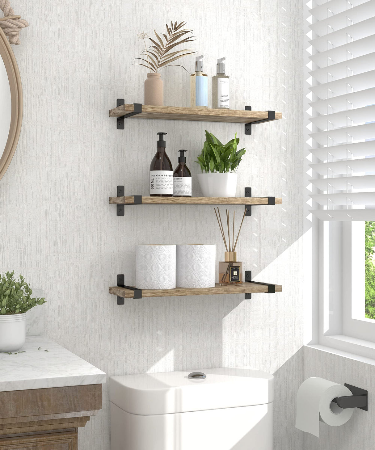 Sapowerntus Wood Floating Shelves Bathroom Wall Mounted, Small Light Rustic Farmhouse Narrow Shelf Storage, Bedroom Living Room Kitchen Office Display Decor with U Metal Brackets Set of 3 Sapowerntus