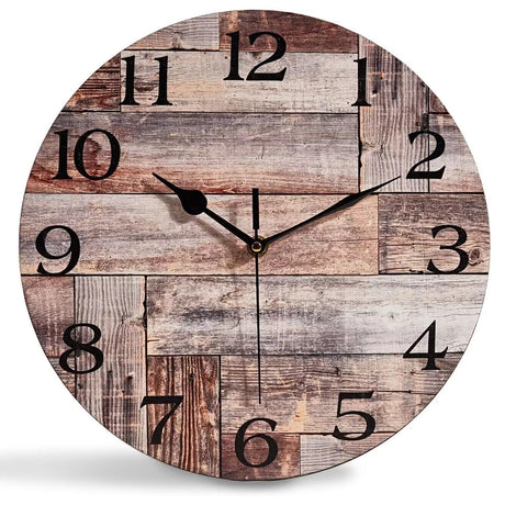 ACOZUHSE Silent Non-Ticking Wall Clocks, Brown Wood Barn Board Pine Plank Rustic Wall Clocks, Battery Operated 12 Inch Round Wall Clock for Home Decor Living Room Kitchen Office ACOZUHSE