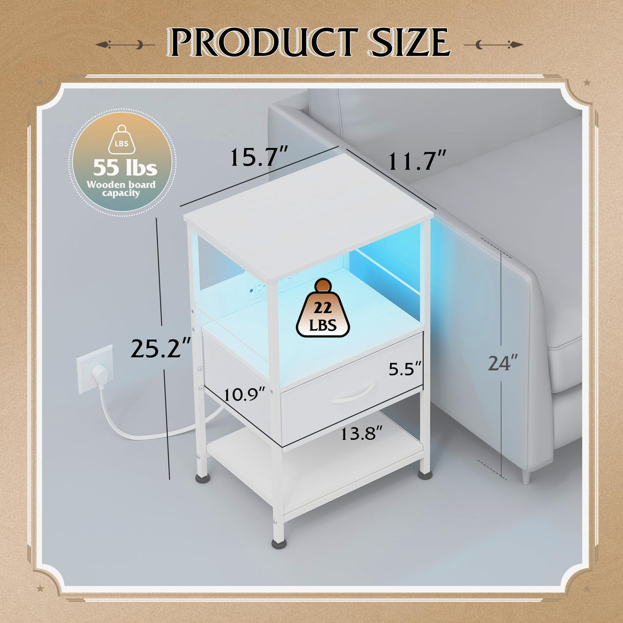 WLIVE White Night Stand with Charging Station, LED Nightstand with Adjustable Fabric Drawer, 3-Tier Storage Bedside Table, Small End Side Tables for Bedroom WLIVE