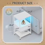 WLIVE White Night Stand with Charging Station, LED Nightstand with Adjustable Fabric Drawer, 3-Tier Storage Bedside Table, Small End Side Tables for Bedroom WLIVE