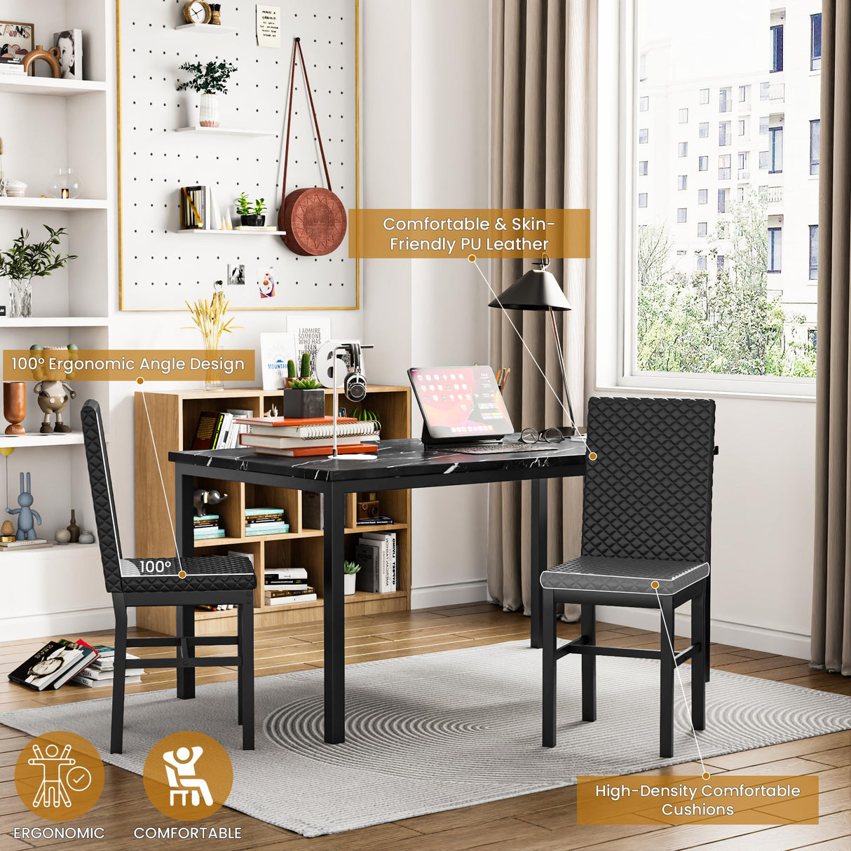 Recaceik Dining Table Set for 6, Faux Marble 7 Piece Dining Table Set with Chairs, Kitchen Table Set with PU Leather Dining Chairs for Small Space & Breakfast Nook, Black Recaceik