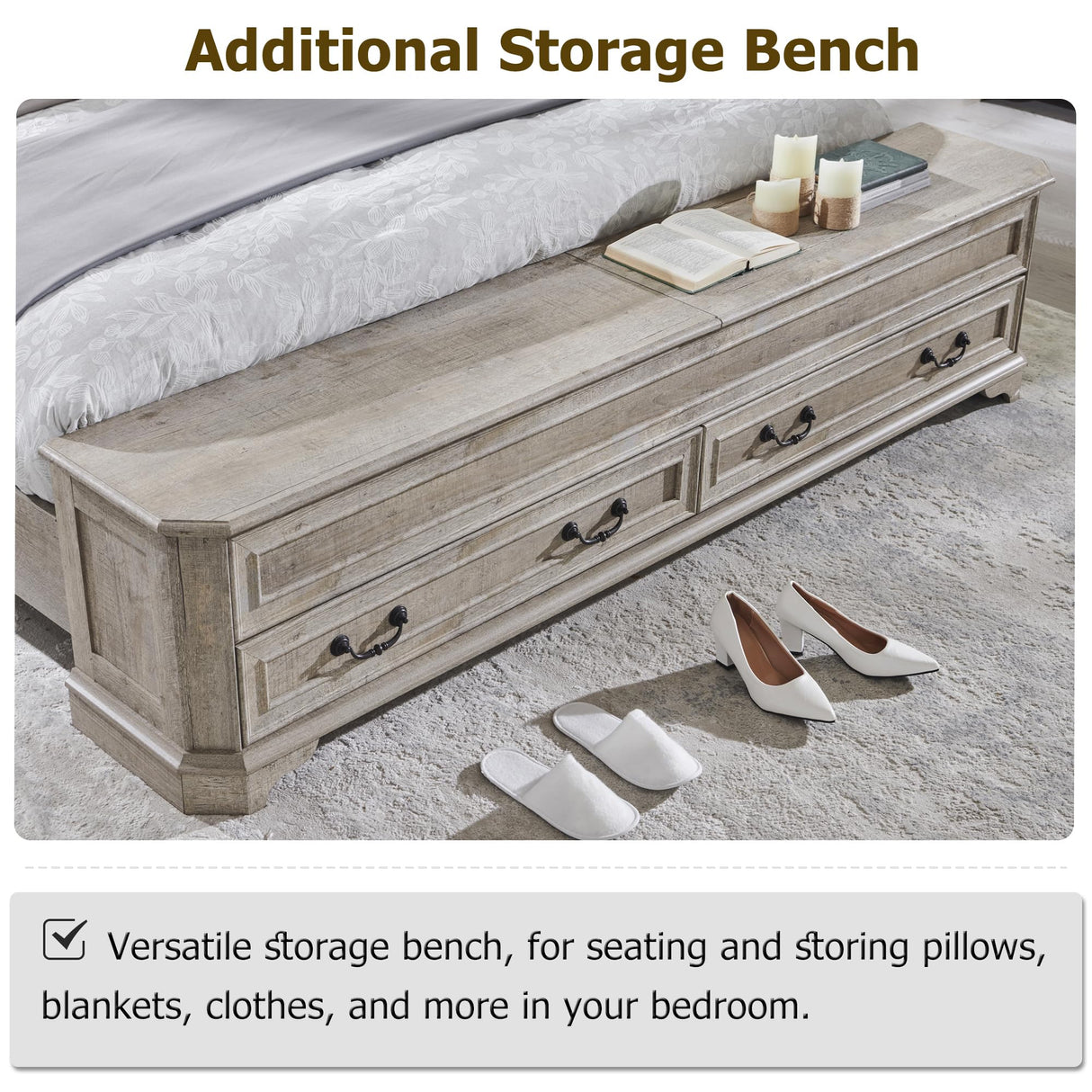 T4TREAM Farmhouse King Bed with Headboard and Storage Bench, Rustic Wood Platform Bed with 80" Storage Chest w/ 4 Large Drawer, Light Rustic Oak T4TREAM