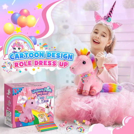 22-Piece Unicorn Gift Set for Girls Ages 3-8 | Pink Stuffed Animal Plush Toy with Jewelry Kit, DIY Coloring Book & Hair Accessories | Birthday Party Favors for Kids Toddler Girls Toys Toyze