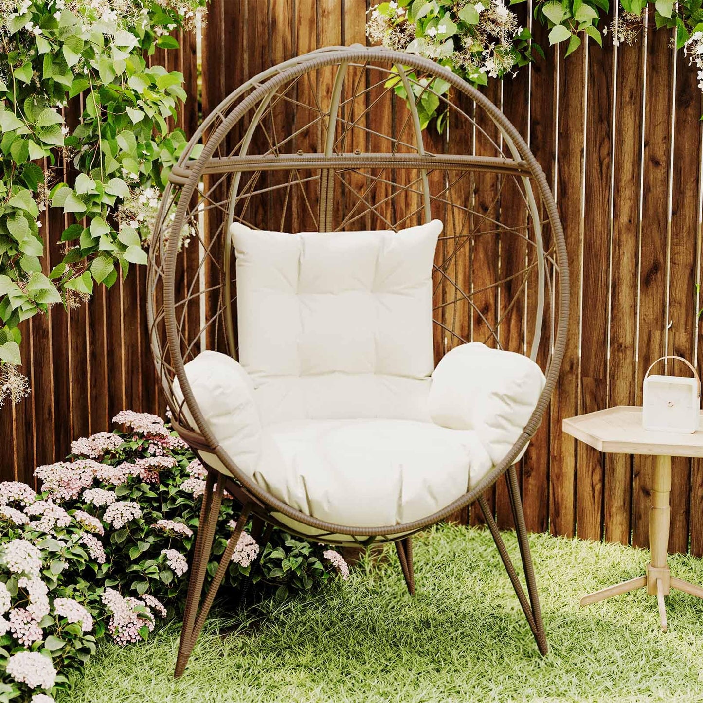 FKSLIFE Wicker Egg Chair with Stand Cushion Outdoor Indoor Lounger Egg Basket Chair for Living Room, Backyard, Balcony, Patio (Beige) - WoodArtSupply