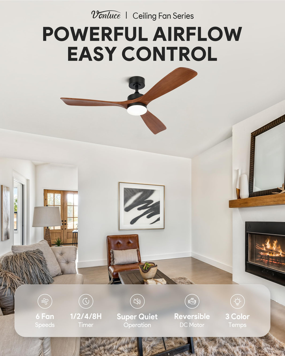 VONLUCE Ceiling Fans with Lights, 52 Inch Ceiling Fan and Remote, 6 Speed Reversible Noiseless DC Motor, 3CCT, Wood Ceiling Fan for Outdoor Indoor Farmhouse Patios, Walnut VONLUCE