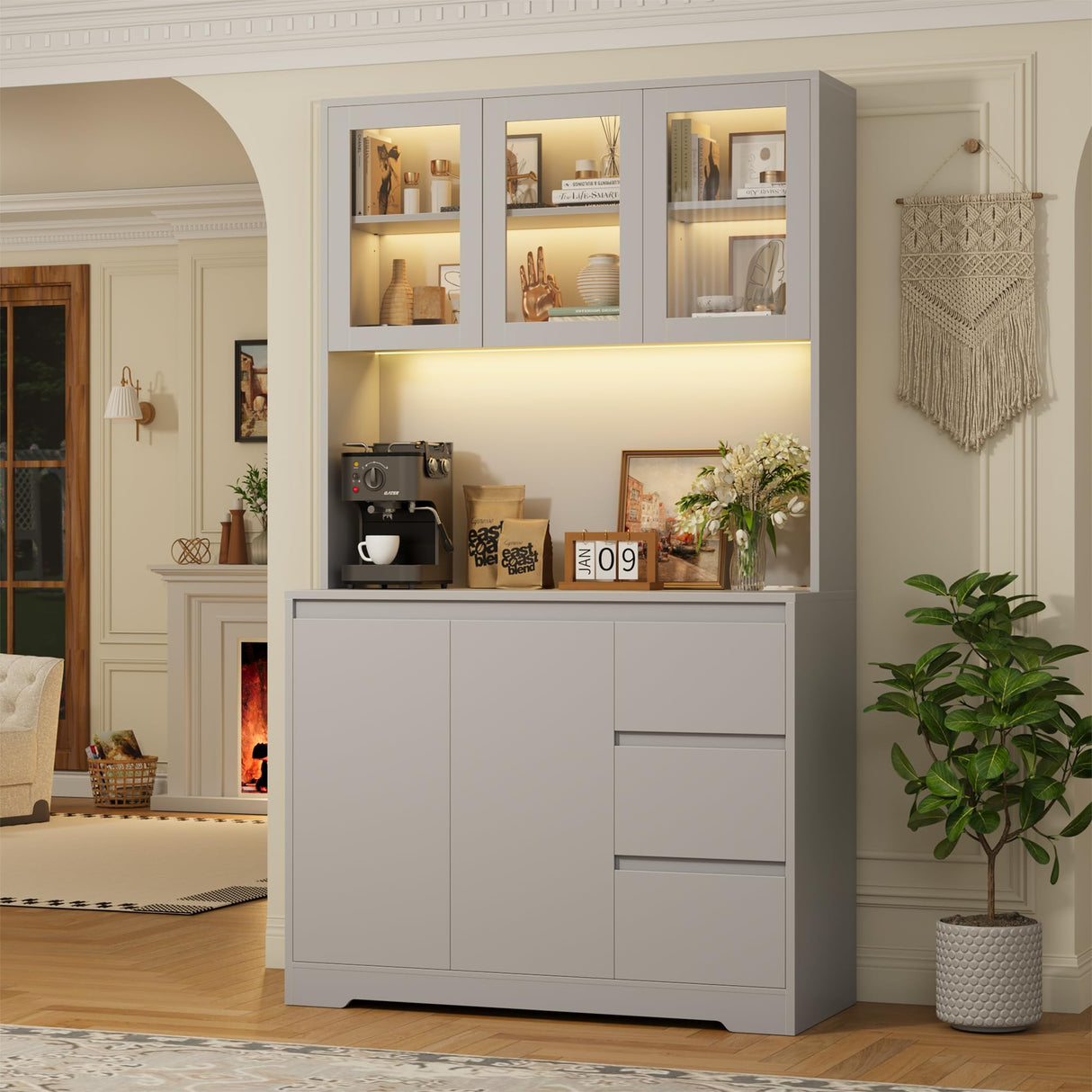 FINETONES 71" Kitchen Pantry Cabinet with LED Lights and Charging Station, Modern Kitchen Hutch Cabinets with Storage and Microwave Stand, Pantry Cabinets Buffet Cabinet with Countertop, Grey FINETONES