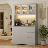 FINETONES 71" Kitchen Pantry Cabinet with LED Lights and Charging Station, Modern Kitchen Hutch Cabinets with Storage and Microwave Stand, Pantry Cabinets Buffet Cabinet with Countertop, Grey FINETONES
