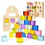 Woodtoe Montessori Weaning Table and Chair Set for Toddler, Natural Solid Wooden Kids Table Cube Chair for Boy Girl, with Wooden Building Blocks Set for Kids, 36 PCS Rainbow Acrylic Gem Cubes Blocks Woodtoe
